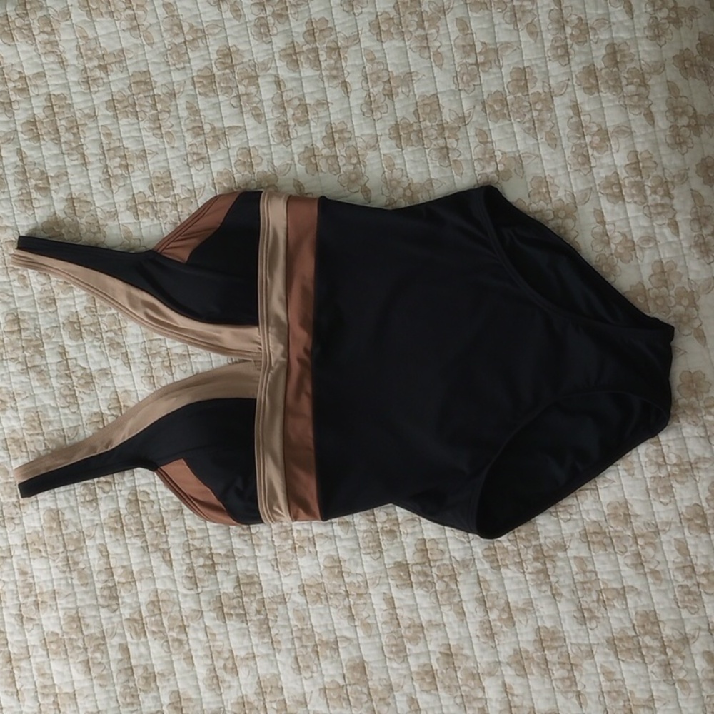 DKNY Black and Tan Women Swim One Piece